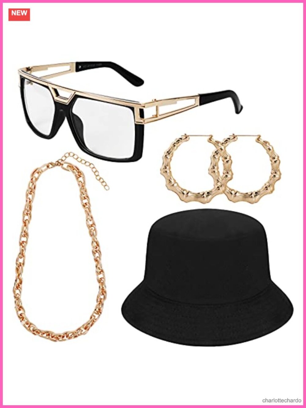 80s 90s Hip Hop Costume Kit Bucket Hat Sunglasses Chain Earrings Set